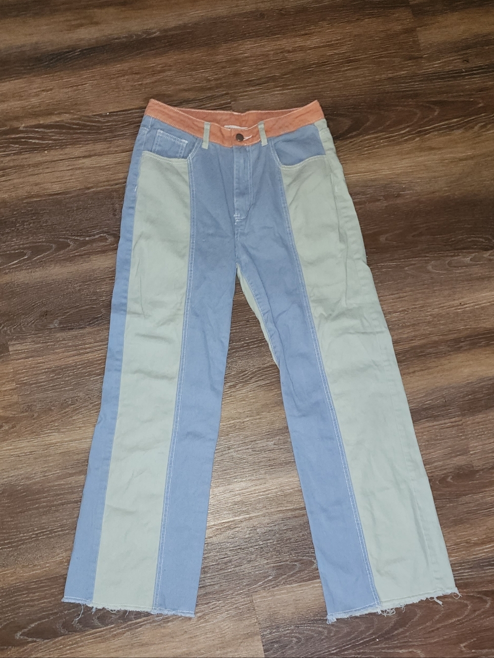 BaeVely Two-Tone Panel Wide-Leg Jeans with Rust Waistband Sz M Y2k Style